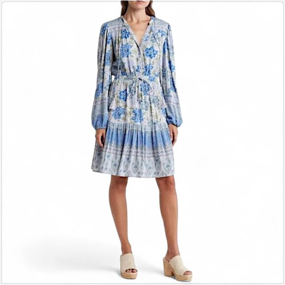 Lucky Brand Blue Floral Pattern Elastic Waist Long Sleeve Bohemian Dress NWT L - Picture 1 of 7